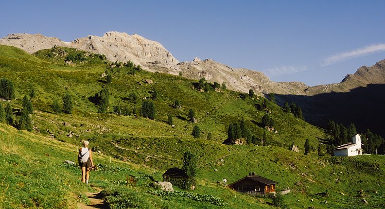 Person wandert auf einem Pfad in den Alpen, umgeben von grünen Wiesen und felsigen Bergen, unter klarem, blauem Himmel.