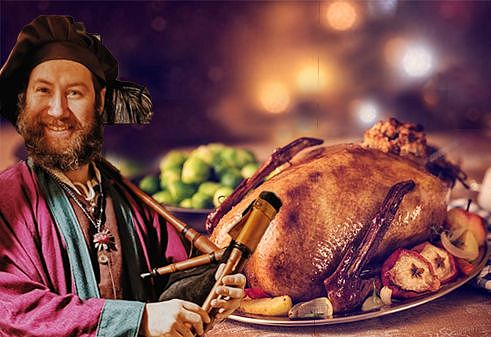 Ritterkuchl Hall, gebratene Gans mit einem Gaukler