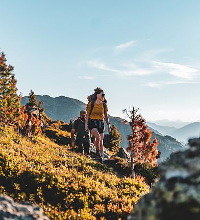 Zwei Wanderer gehen auf einem Bergpfad, umgeben von herbstlichen Bäumen und einem klaren Himmel.