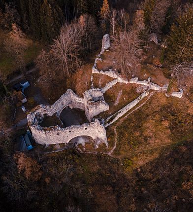 Luftaufnahme einer Burgruine, umgeben von kahlen Bäumen und Wald. Die steinernen Überreste befinden sich auf unebenem, hügeligem Gelände.