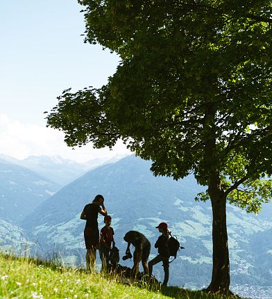 Wanderer machen Pause unter einem Baum, umgeben von Berglandschaft. Der Hintergrund zeigt grüne Hügel und klare Himmel, die ein Gefühl von Frieden ausstrahlen.